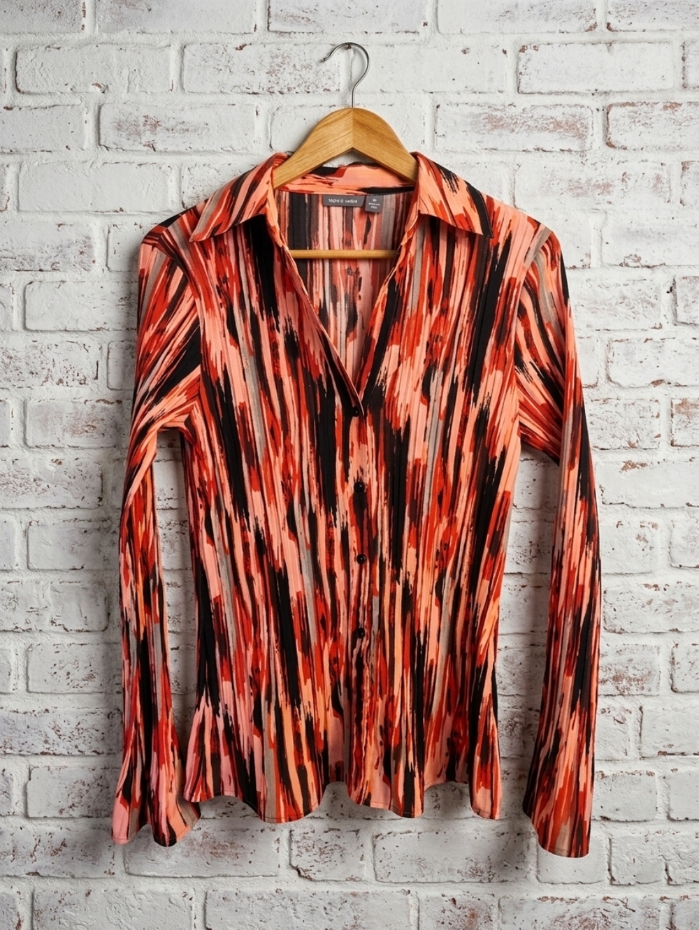 Apt. 9 Stretch Pleated Blouse Coral Black Abstract Long Sleeve Size Medium